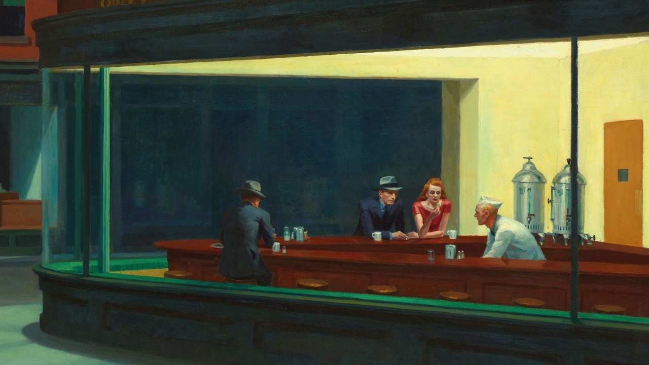 a painting of people sitting in a cafe